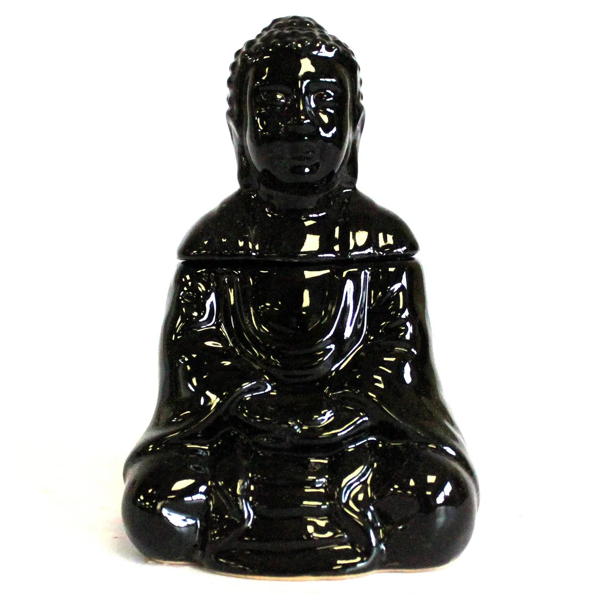 Black sitting Buddha oil burner, detailed statue with raised hands and lotus base.
