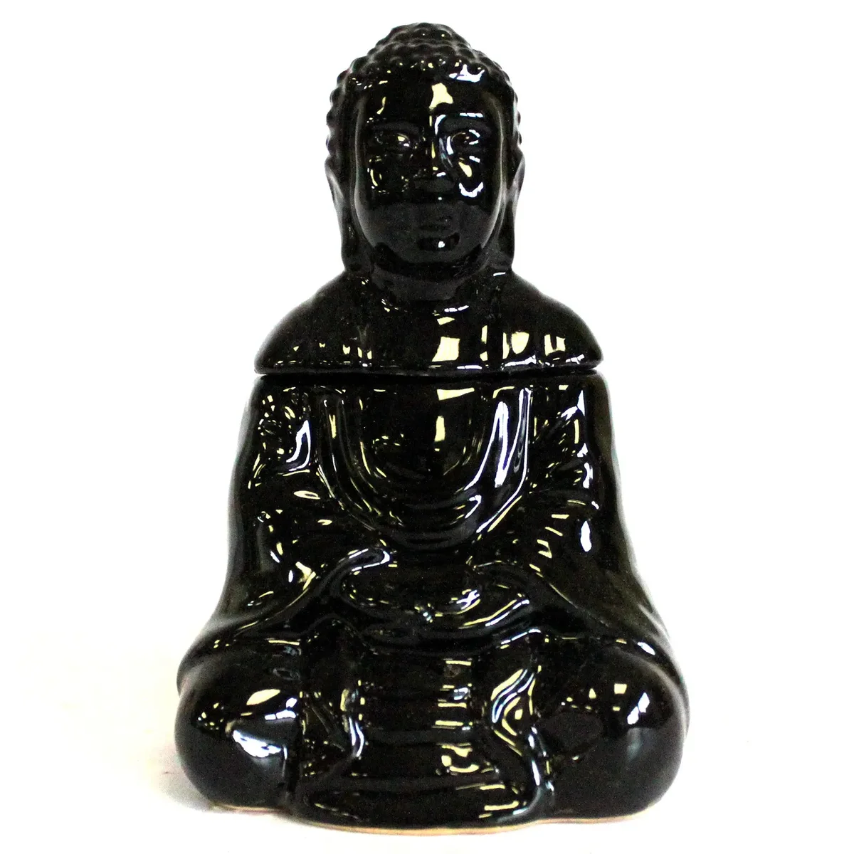 Black Buddha oil burner with seated Buddha figure