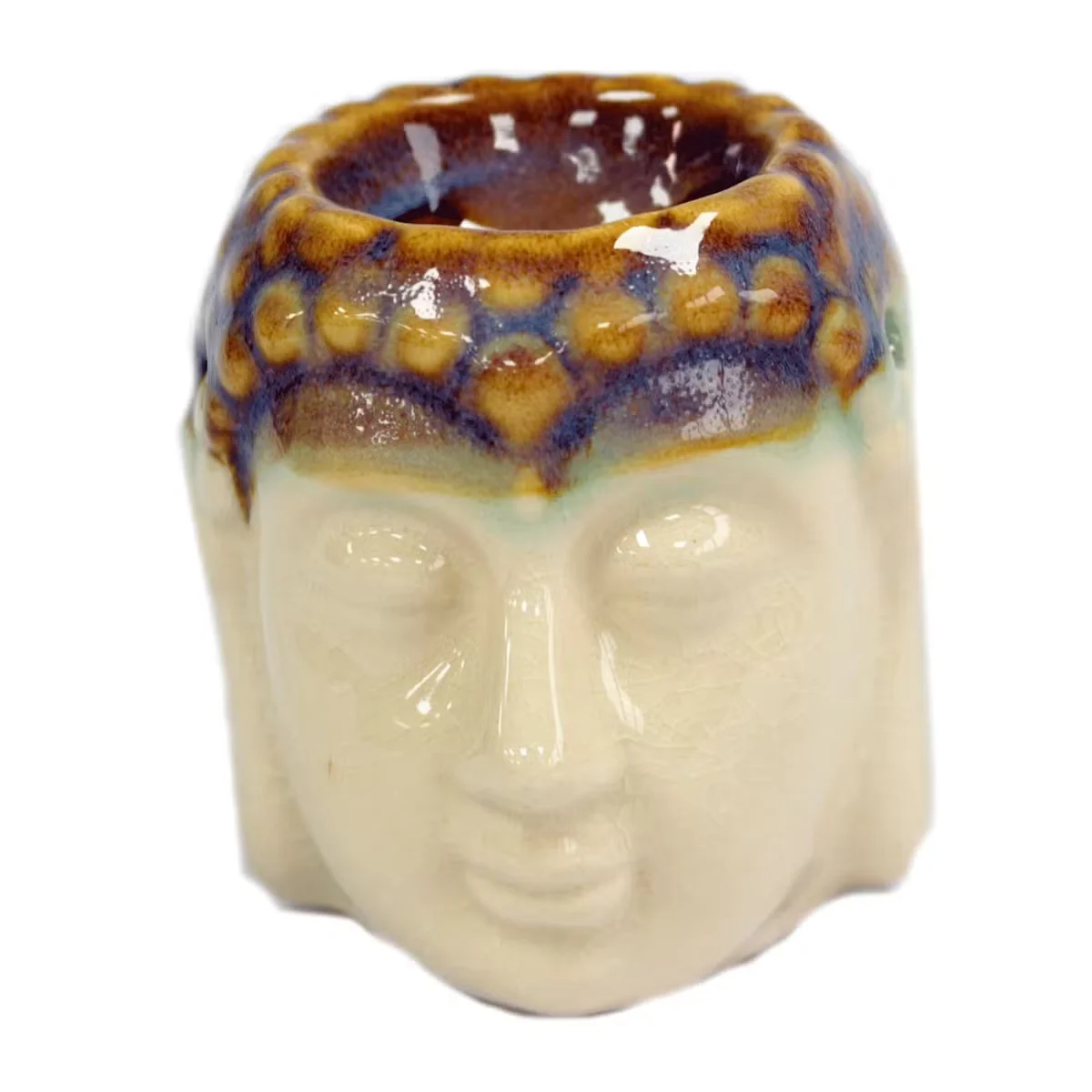 Buddha Oil Burner in ivory and mint colors, standing tall, used as an aromatherapy oil burner