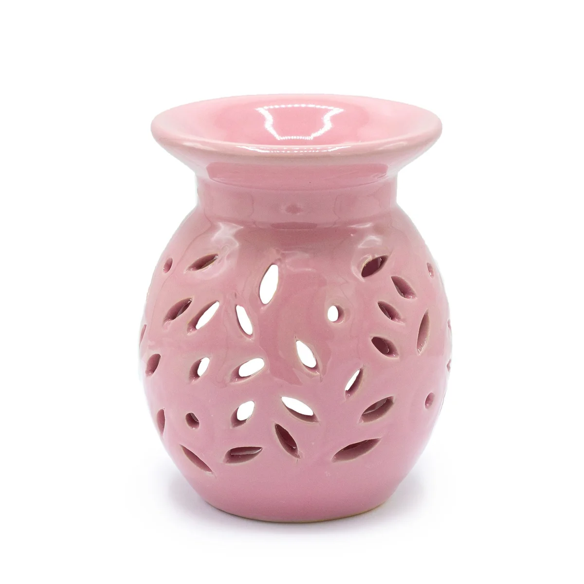 Rose oil burner featuring a flowering design, clear glass case, and porcelain base on a plain background.