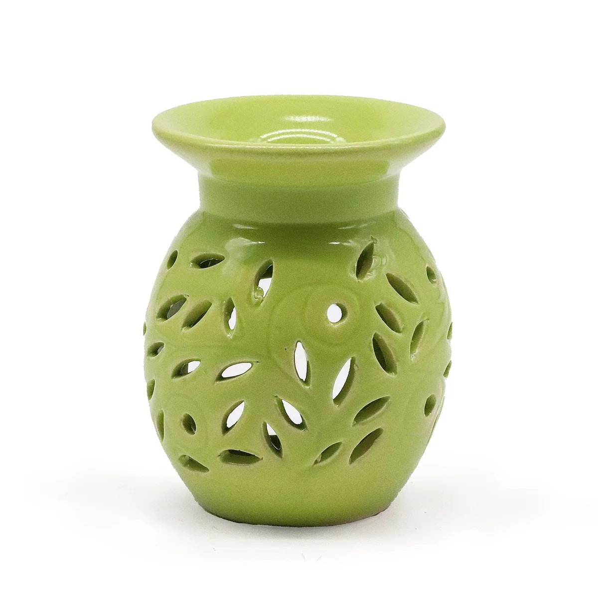 Lime floral oil burner with green lime scent oils and colourful ceramic flowers.