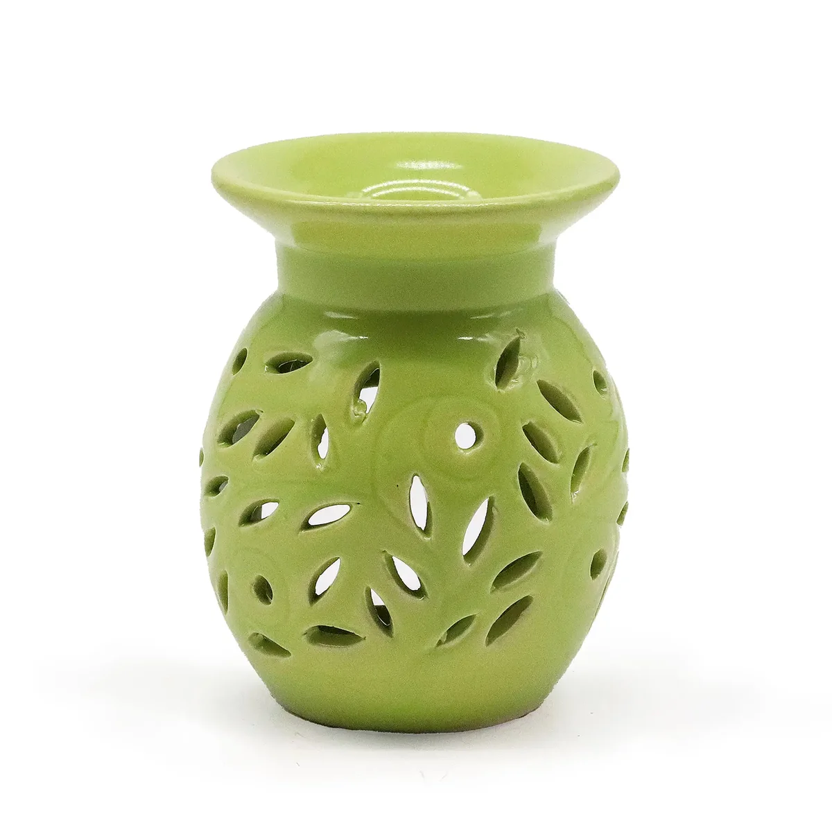 Floral oil burner with lime glass, metal base and graceful fan-shaped cup, perfect for aromatherapy.