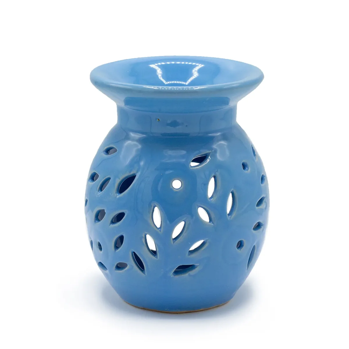 Blue floral oil burner with intricate petal‑shaped tray, simple elegant design
