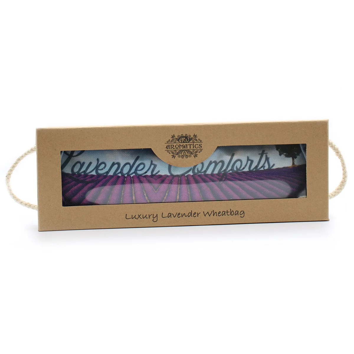 Luxury lavender wheat bag inside a gift box.