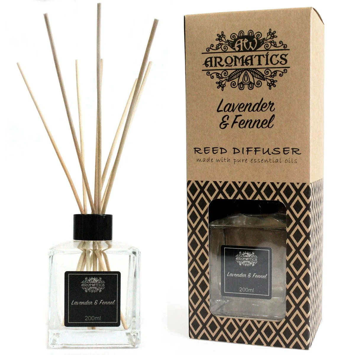 Clear glass bottle holding lavender fennel reed diffuser with white label and bundles of reeds