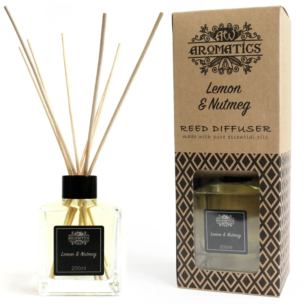 200ml reed diffuser bottle, clear glass with reeds, labeled lemon & nutmeg essential oil.