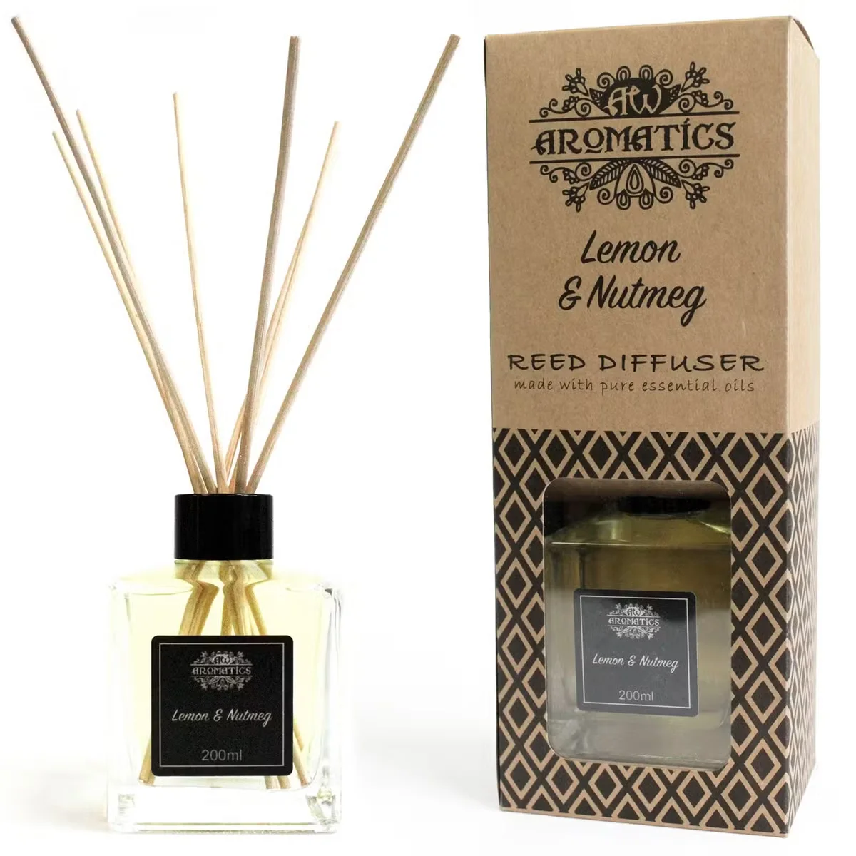 200ml lemon & nutmeg essential oil reed diffuser on a wooden tray, reeds emerging, stylish home fragrance diffuser