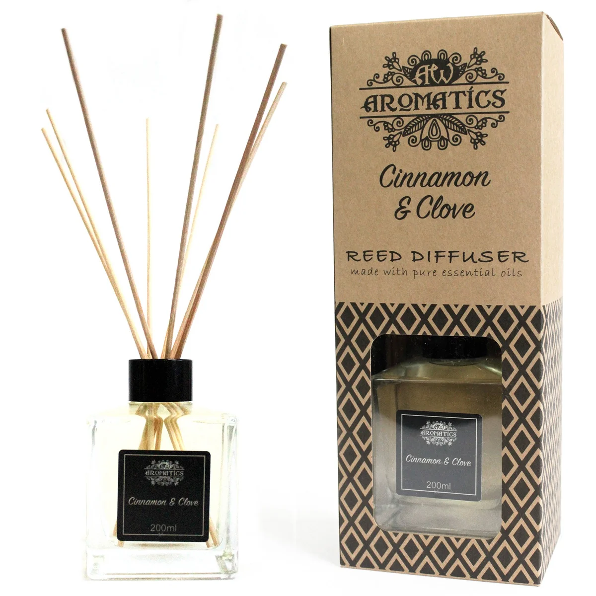 Cinnamon essential oil diffuser in a 200ml glass bottle with reed sticks, styled with a touch of clove
