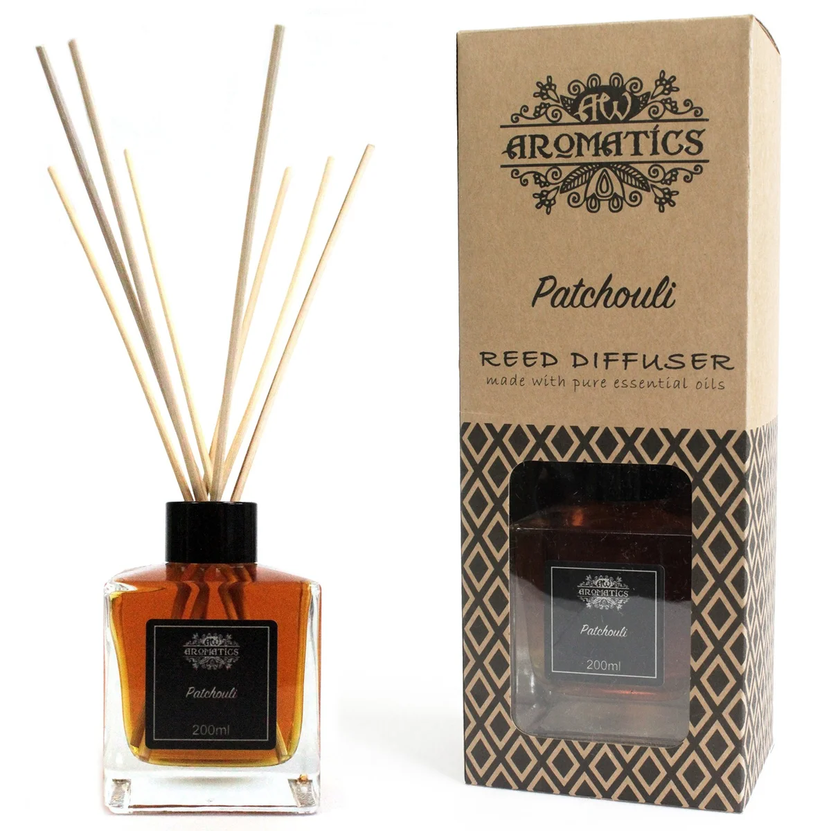 Clear 200ml patchouli essential oil reed diffuser with reeds visible in the glass bottle.