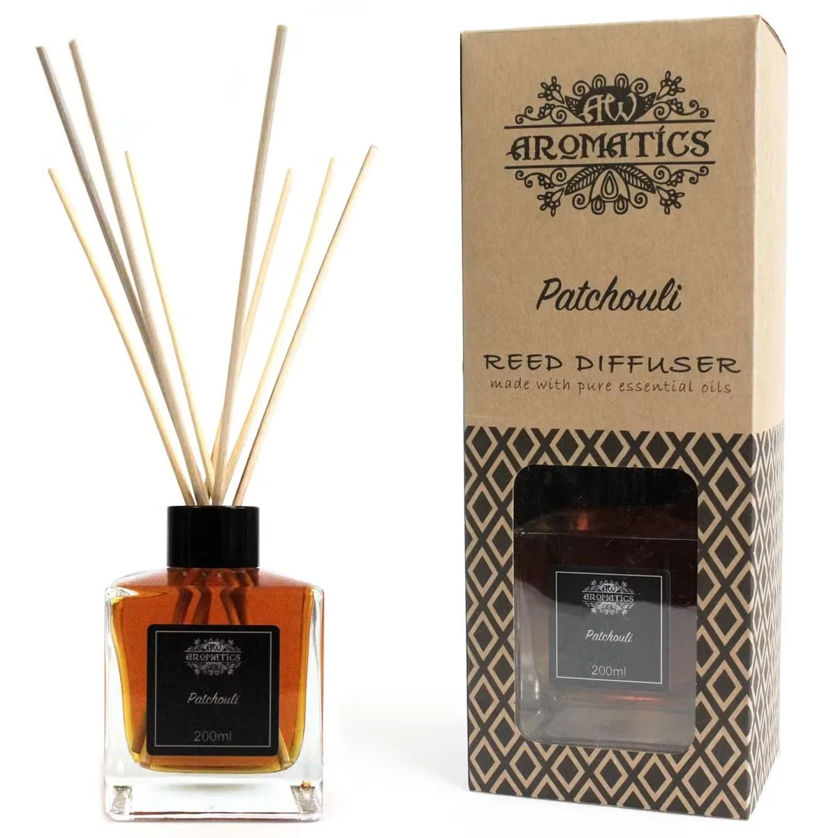 200ml patchouli oil diffuser bottle with reeds, showing a clear glass container and beige wooden frame.
