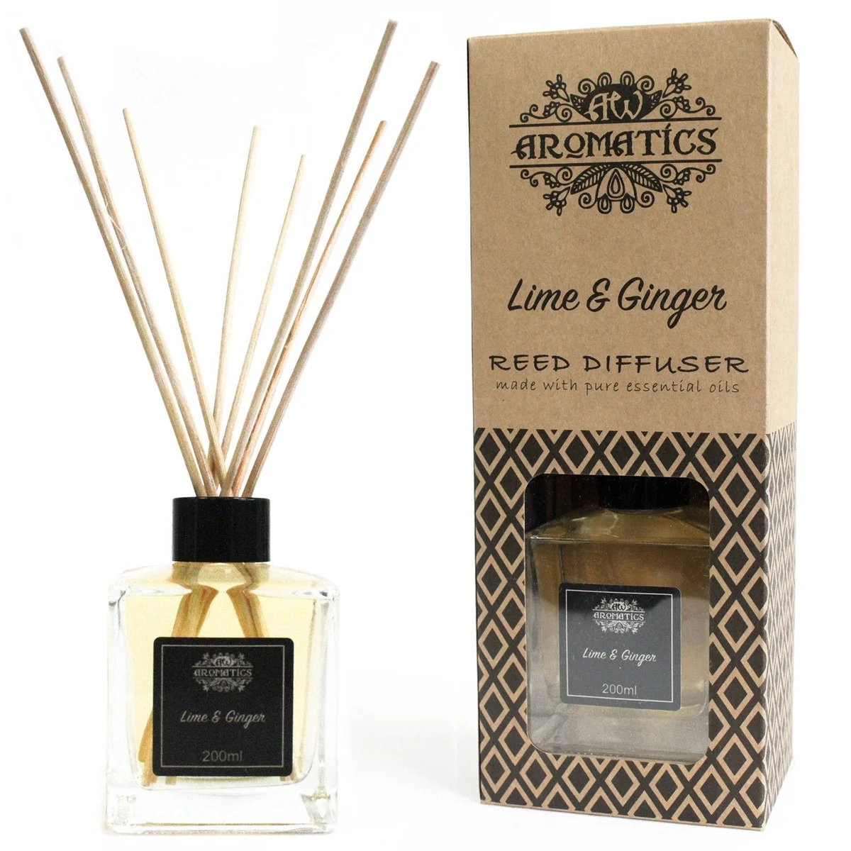Lime ginger reed diffuser in a 200ml glass bottle with fresh reeds inserting inside.