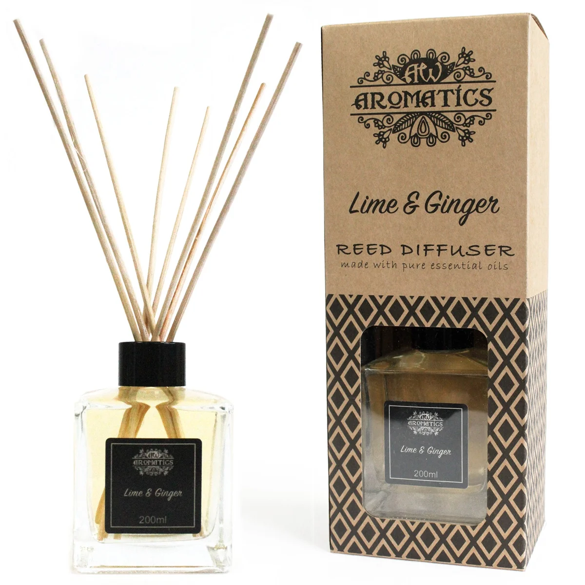 Clear glass bottle of 200ml reed diffuser with lime & ginger label and two reed sticks.