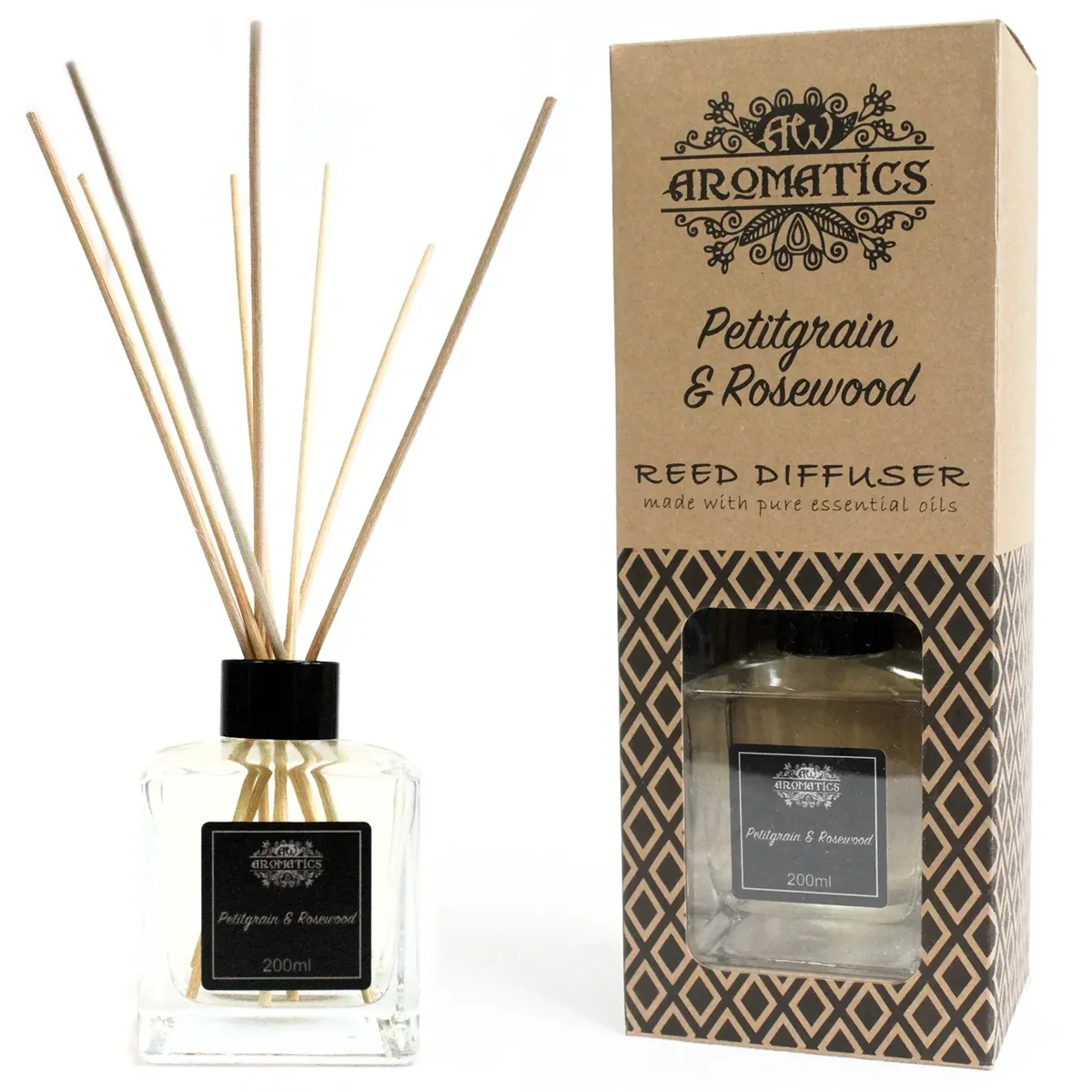 200ml reed diffuser bottle in dark glass with wooden reeds, labelled Petitgrain & Rosewood.