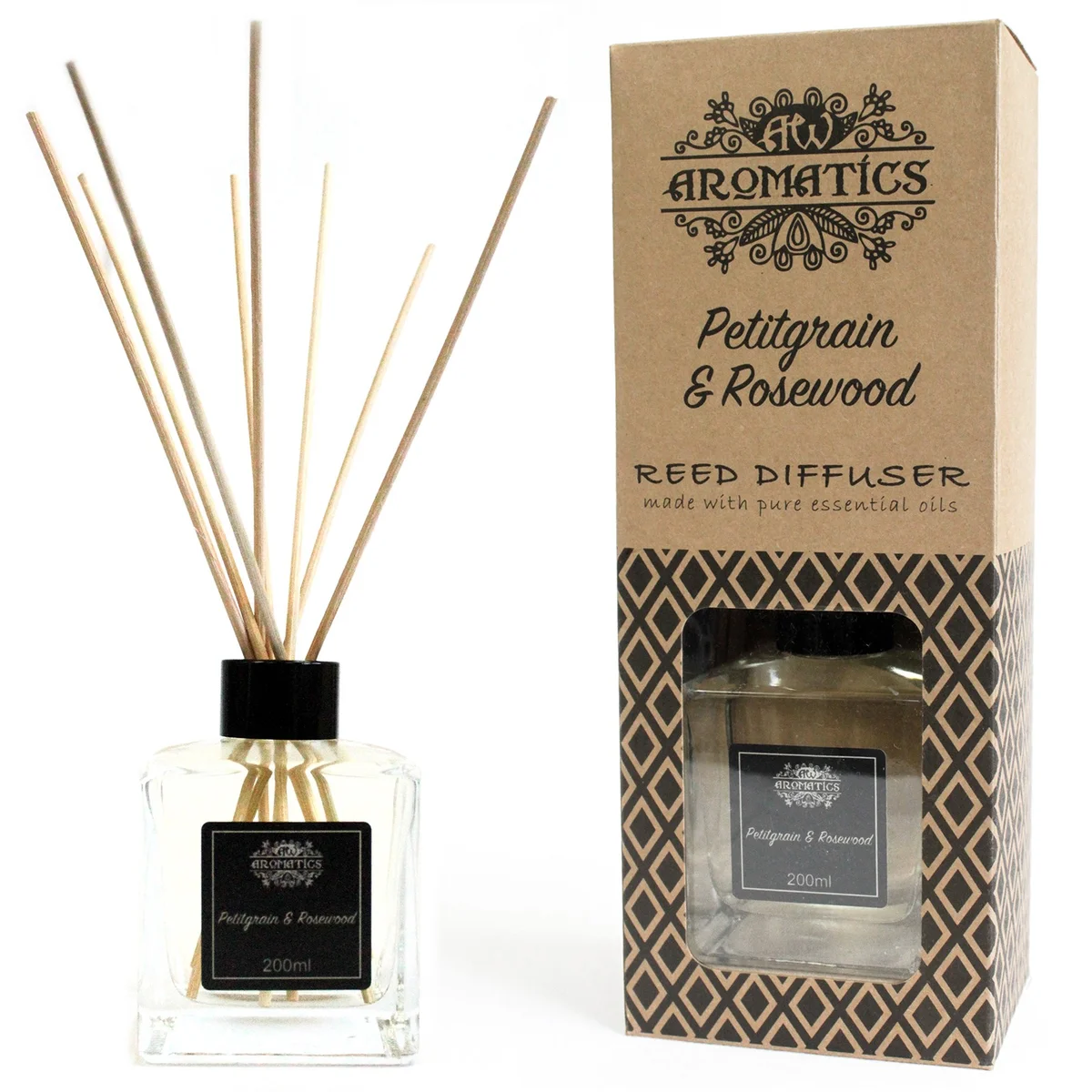 200ml glass bottle with transparent reeds, labelled Petitgrain & Rosewood essential oil diffuser.