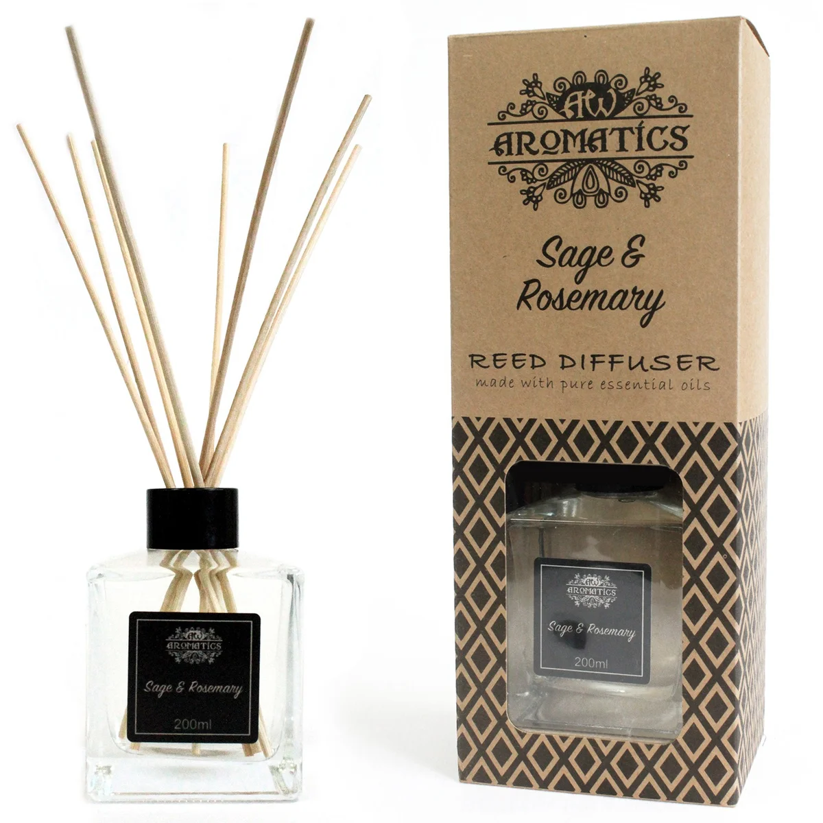 Glass 200ml bottle of Sage & Rosemary essential oil reed diffuser with green reeds and a green & white label.