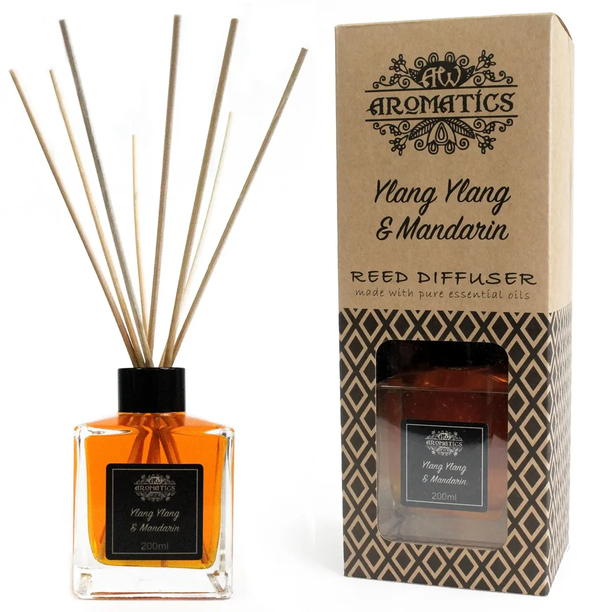 200ml reed diffuser with clear glass bottle and black cap, filled with Ylang Ylang & Mandarin oil, surrounded by reeds