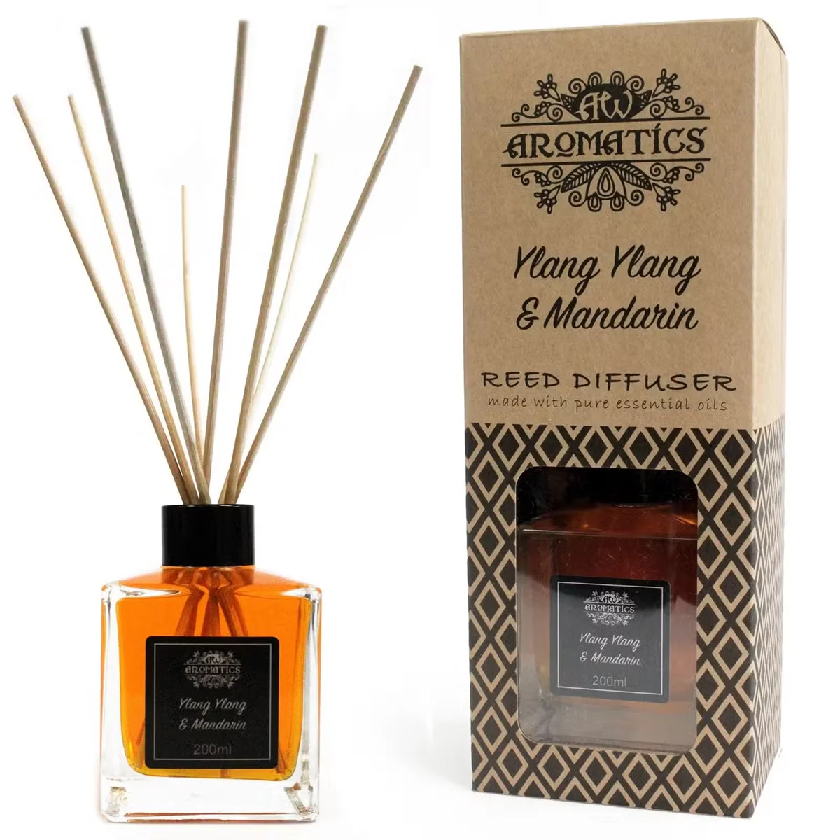 200ml Ylang Ylang & Mandarin essential oil diffuser bottle with reeds, a home fragrance diffuser