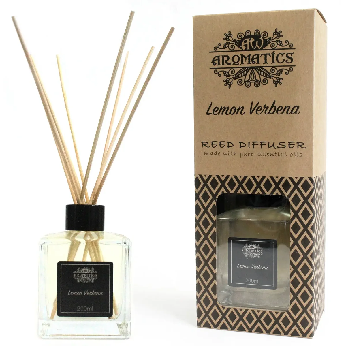 200ml glass bottle of lemon verbena diffuser with clear label on neck.