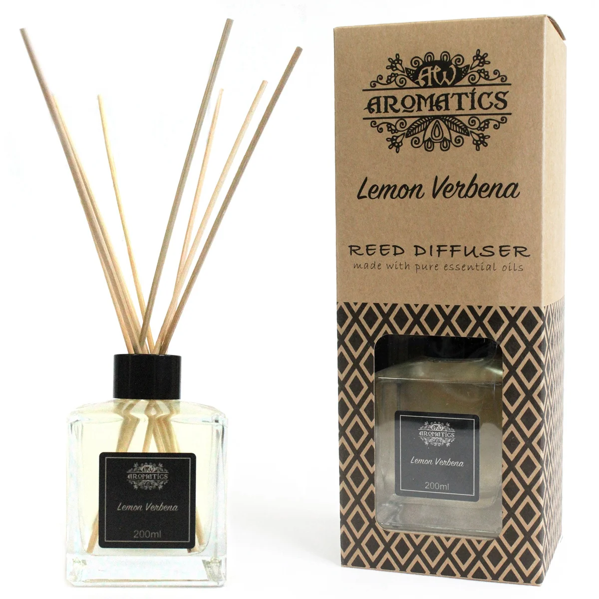 reed diffuser 200ml lemon verbena essential oil in clear glass bottle with reeds