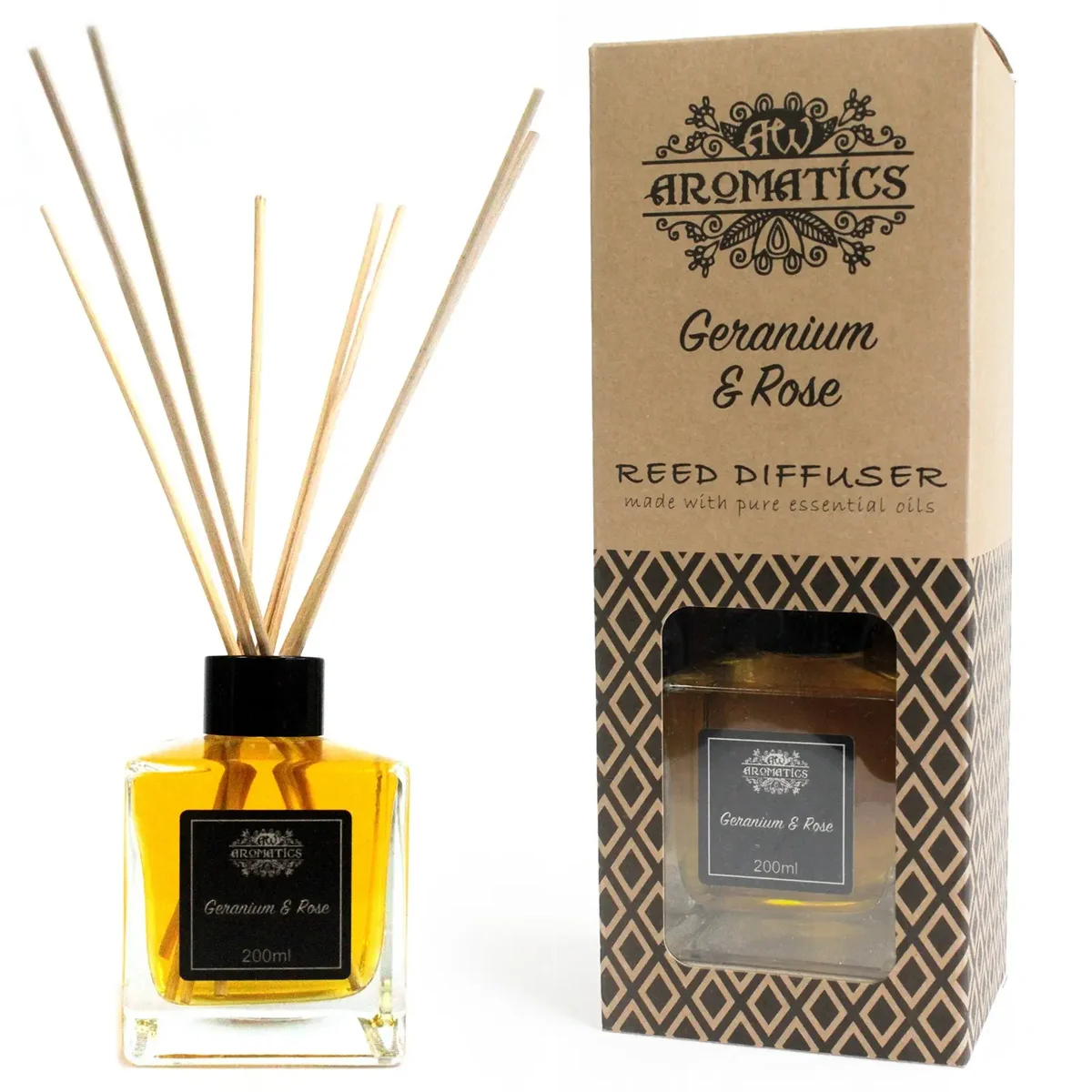 200ml bottle of Geranium & Rose essential oil reed diffuser, clear glass with sprigs of reeds.