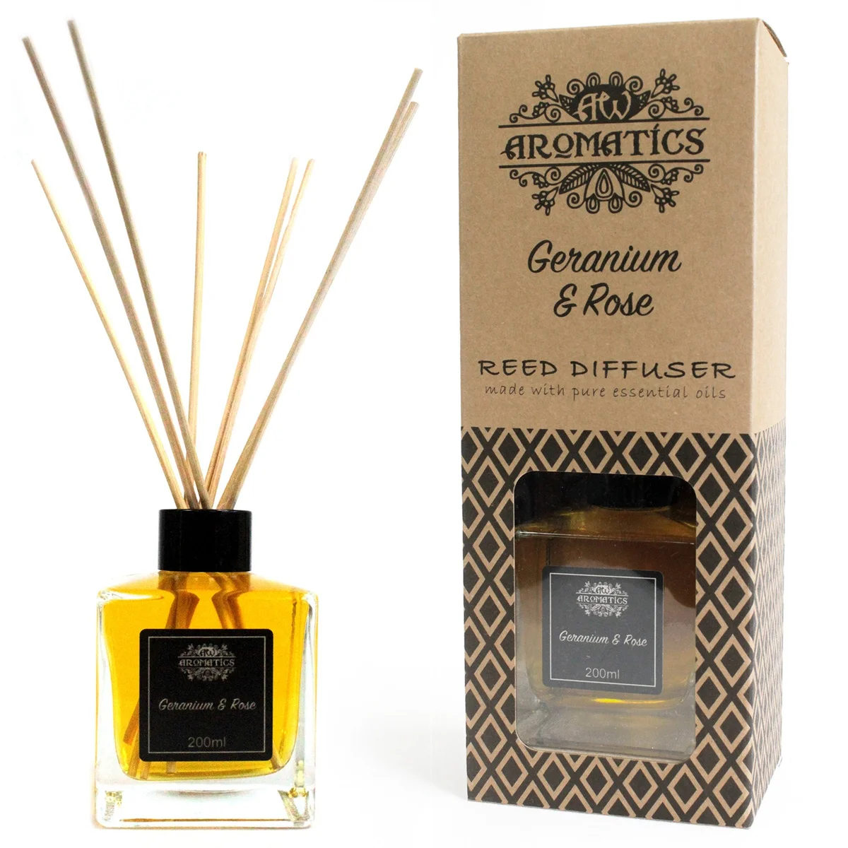 200ml bottle of geranium essential oil and rose reed diffuser with four standing reeds