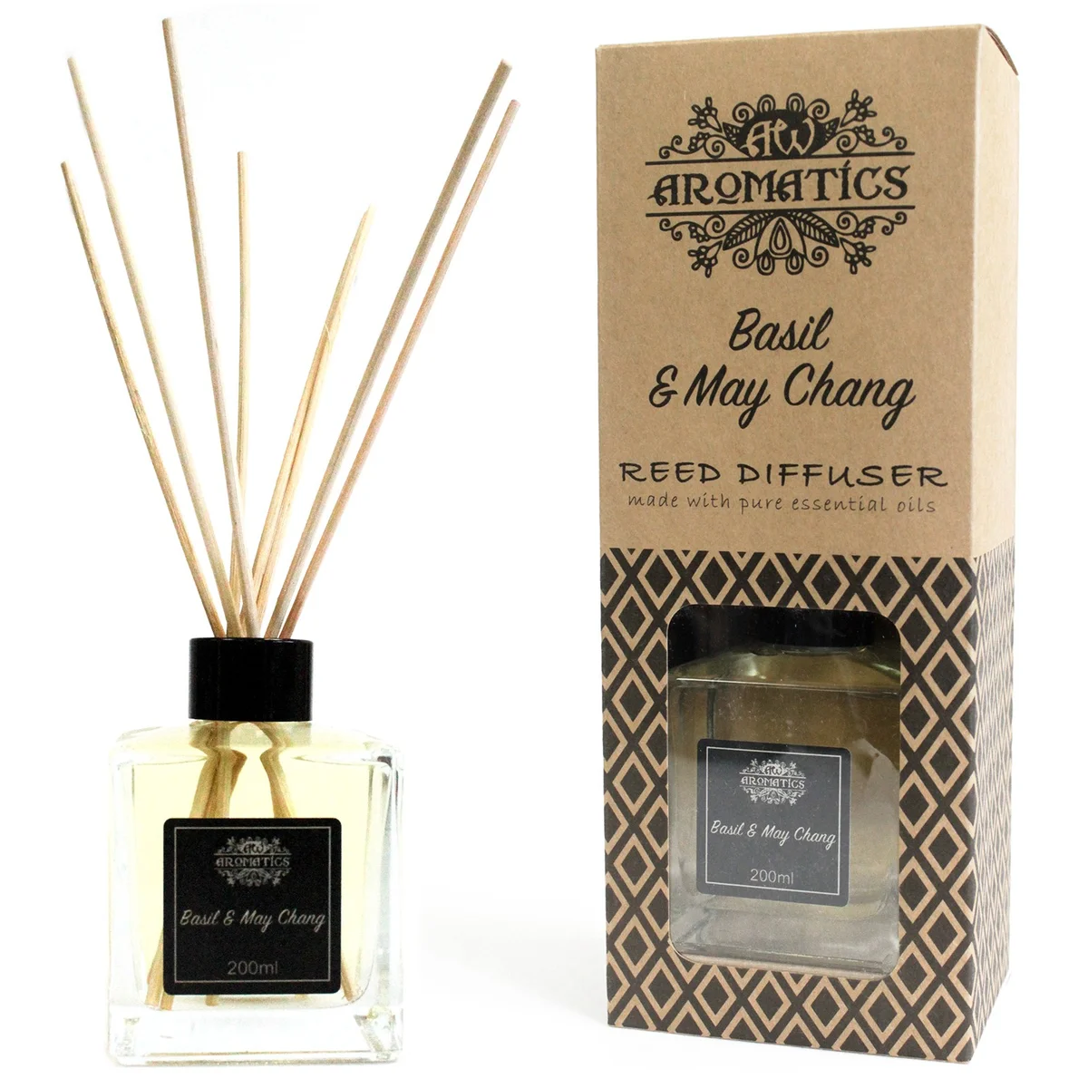 200ml glass bottle of Basil & maychang essential oil diffuser with reeds on display