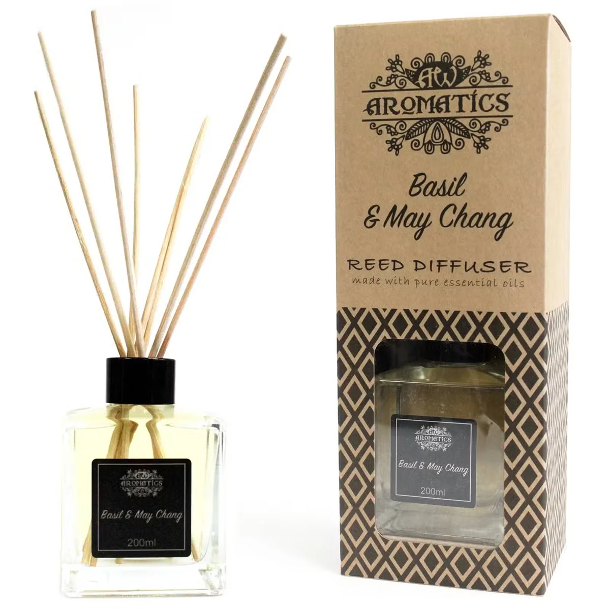 200ml Basil & Maychang essential oil reed diffuser in clear glass bottle with translucent reeds