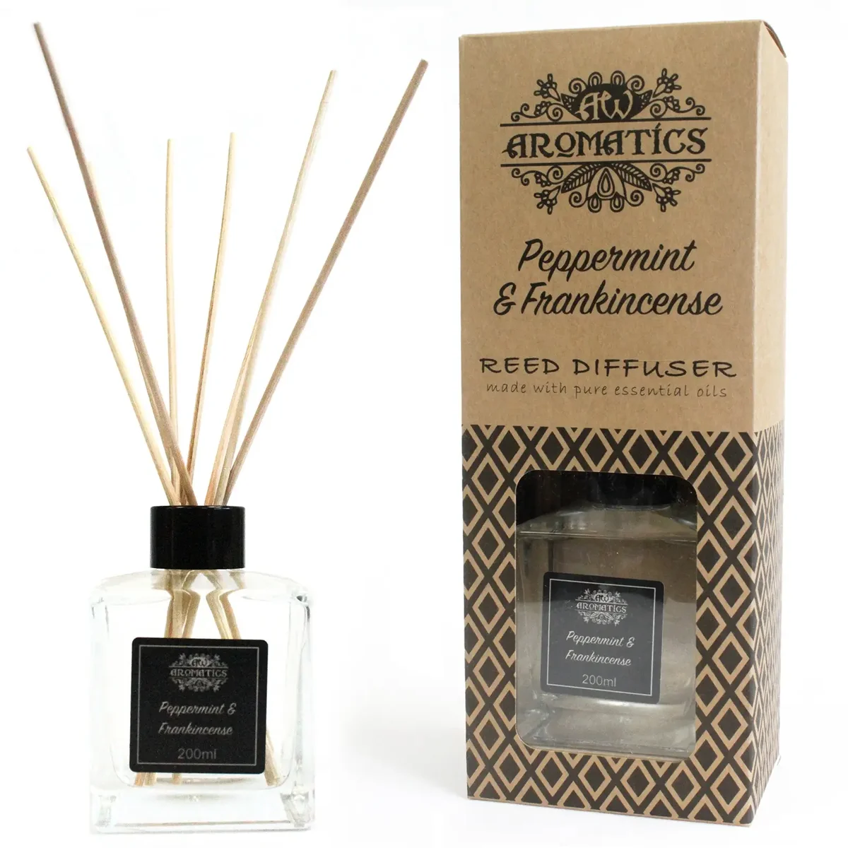 200ml peppermint and frankincense essential oil reed diffuser bottle with reeds