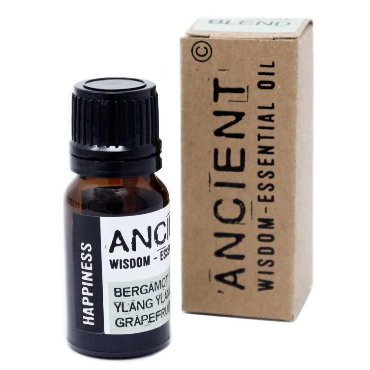 10ml bottle of happiness essential oil blend in clear glass inside a small cardboard box