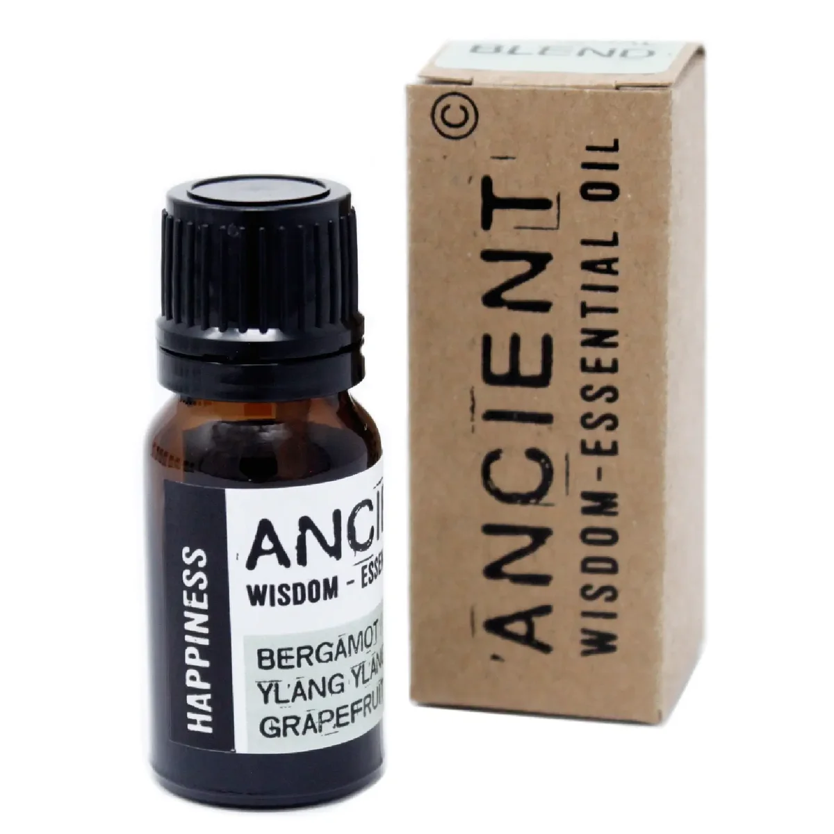 A 10ml glass bottle of Happiness Essential Oil Blend in a white box packaging.