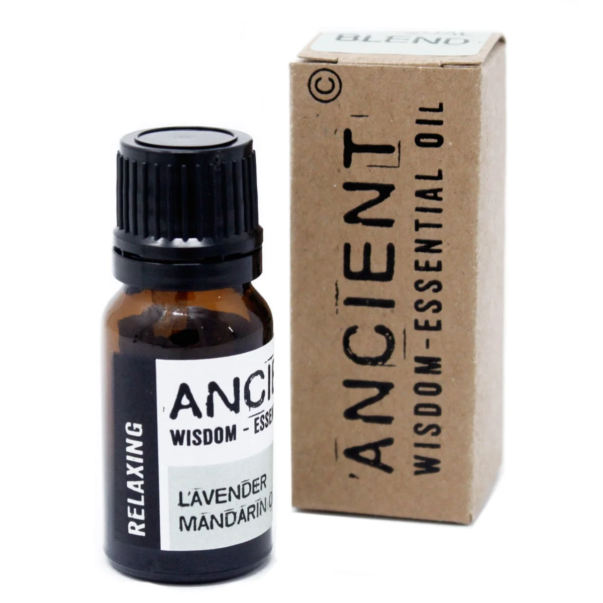 Small glass bottle of relaxing essential oil inside a cardboard box, labeled 10ml