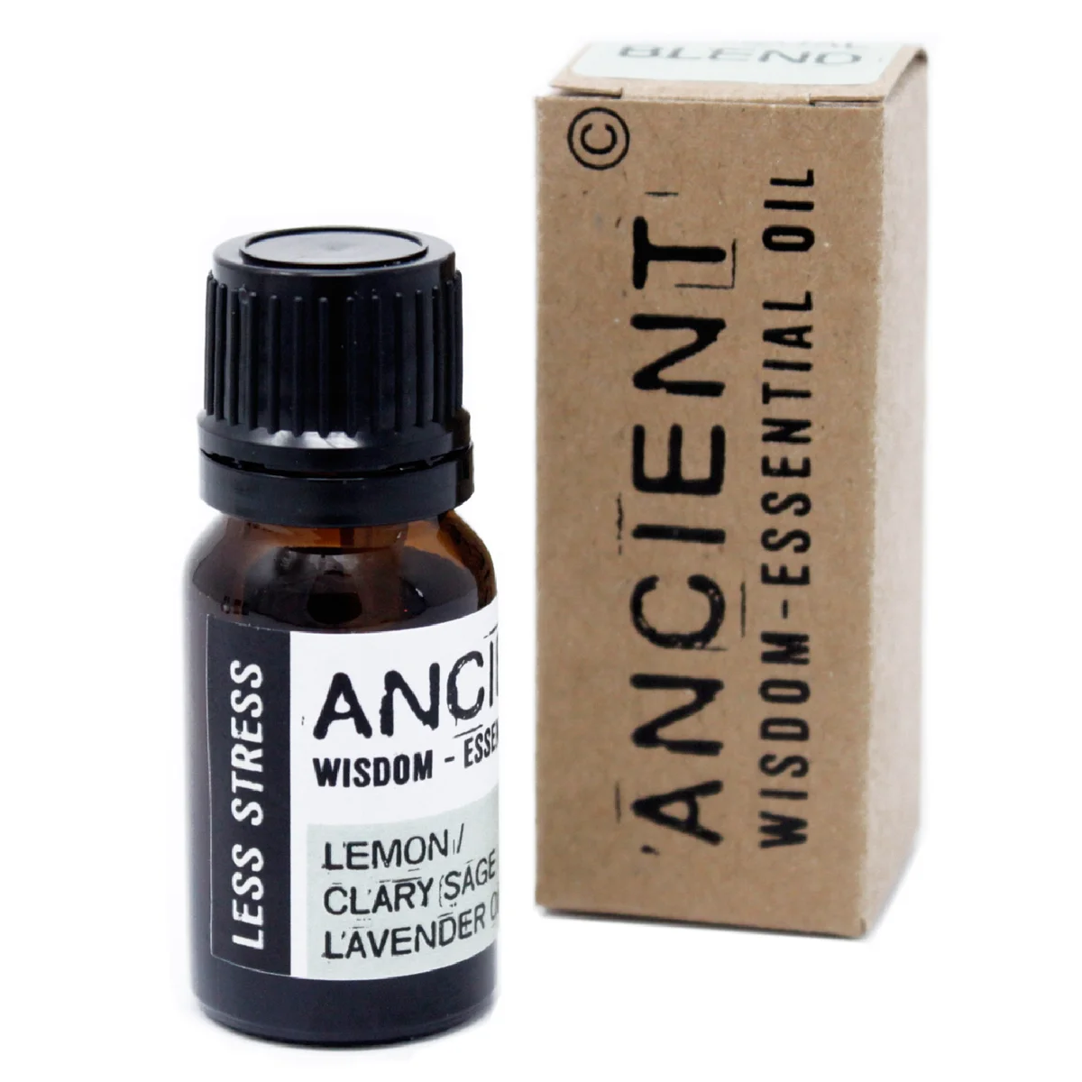 Boxed 10ml essential oil bottle labelled Less Stress, a stress relief oil