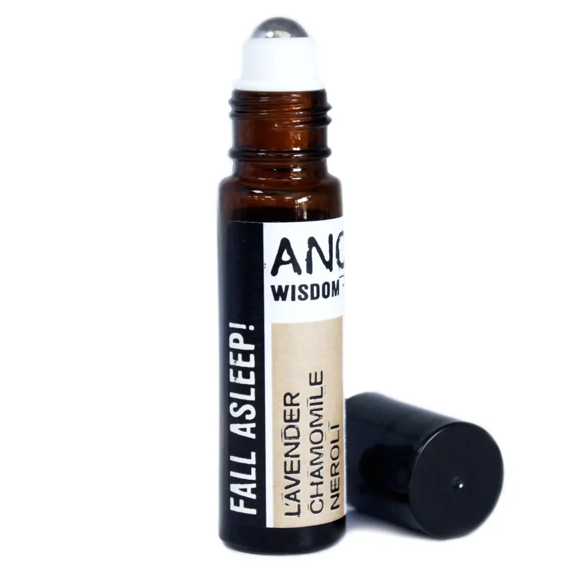 10ml roll on essential oil bottle with clear liquid and silver roll‑on applicator in hand.