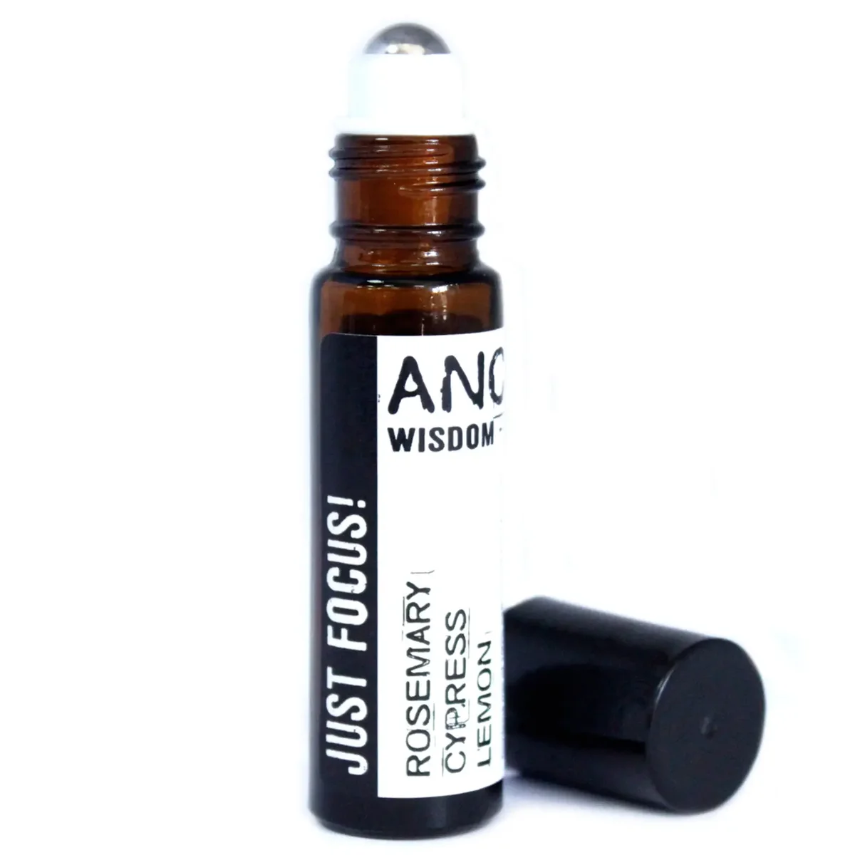 10ml roll on essential oil bottle labelled Just Focus! with sleek glass container and black cap.