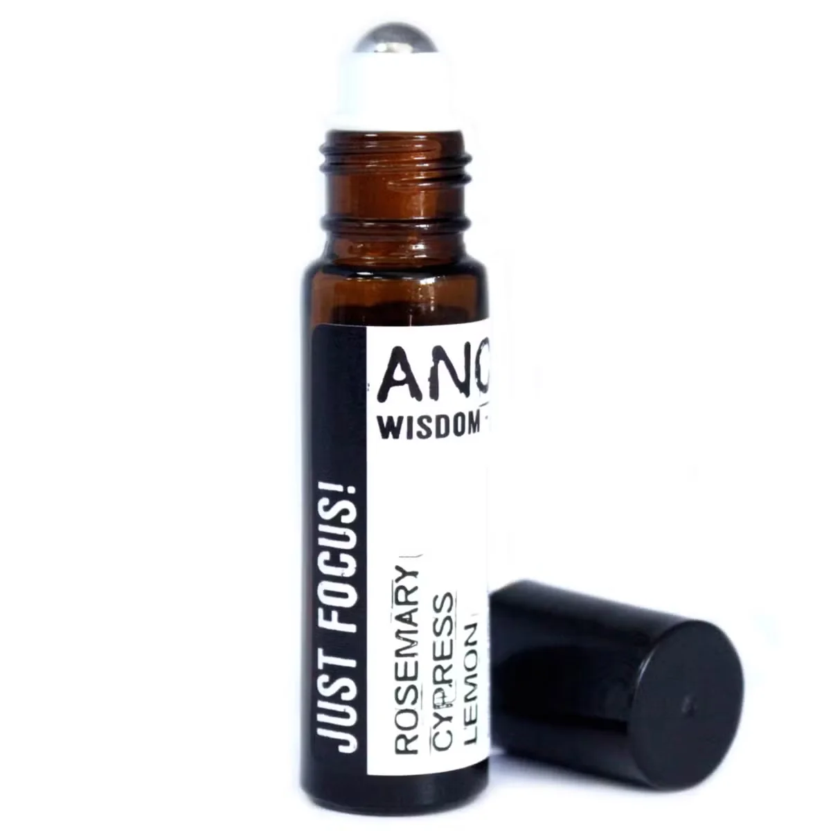 10ml roll‑on essential oil blend bottle with ‘Just Focus’ label and clear liquid, a focus oil blend for everyday use.