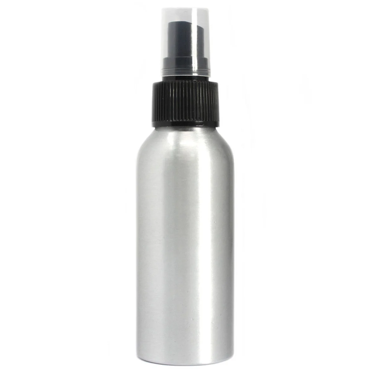 100ml aluminium bottle with black spray top, silver body and black nozzle.