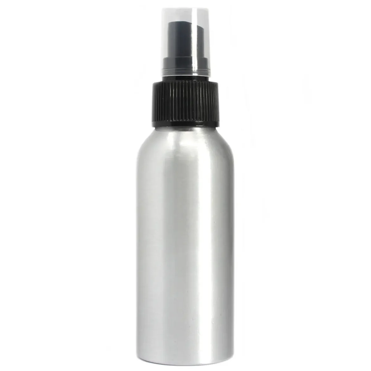 Aluminium spray bottle with black spray top, 100ml capacity