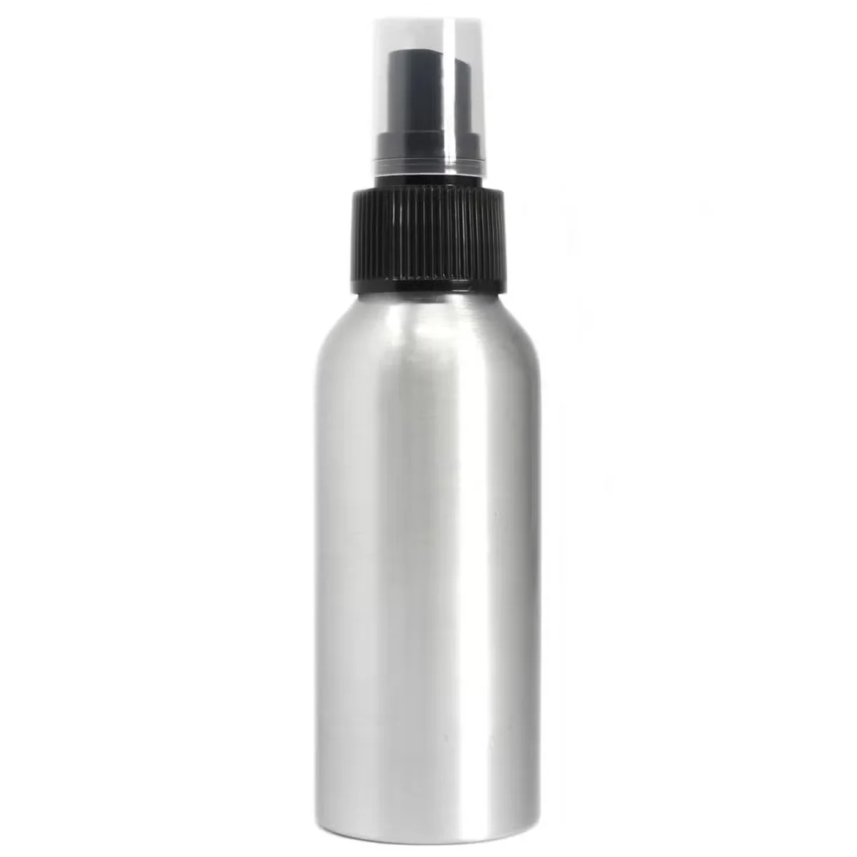 Small aluminium bottle, 100ml, aluminium body with black spray top.
