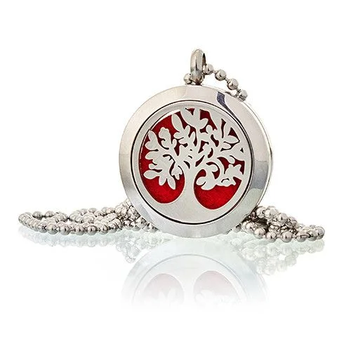 Aromatherapy diffuser necklace featuring a Tree of Life pendant measuring 25mm.