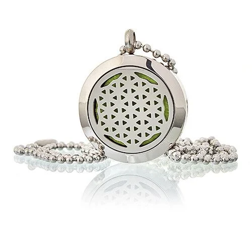 A 25mm Flower of Life aromatherapy diffuser necklace on a delicate chain.