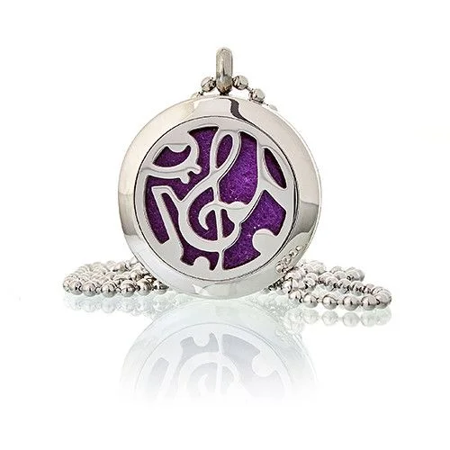 aromatherapy necklace with 25mm music note charm displayed on a slim chain superimposed on a neutral background.