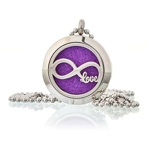 Infinity Love aromatherapy diffuser necklace, featuring a 25mm charm that releases soothing scents.