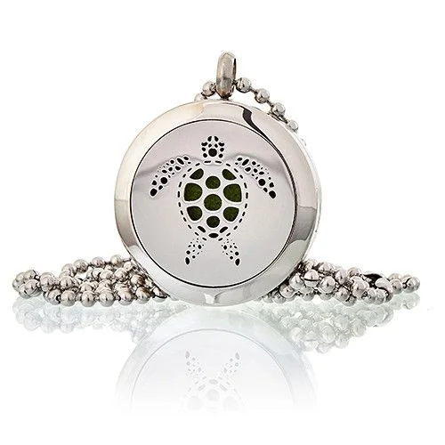 Aromatherapy diffuser necklace featuring a 25mm turtle pendant.