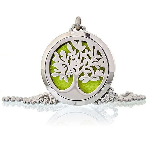 Tree of Life aromatherapy diffuser necklace, 30mm pendant hanging from chain