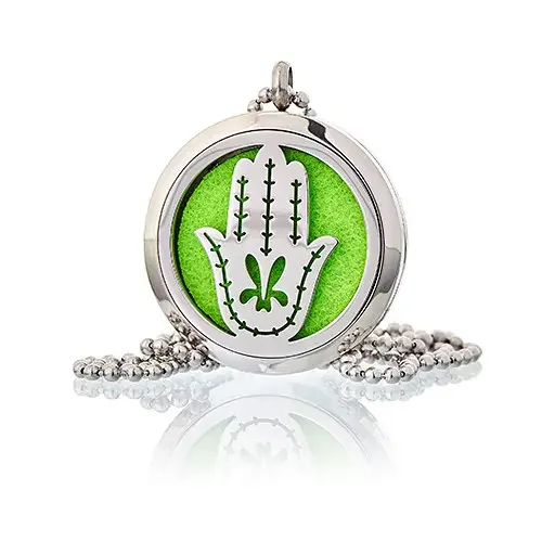 Hand of Fatima necklace featuring a 30mm aromatherapy diffuser pendant on a silver chain.