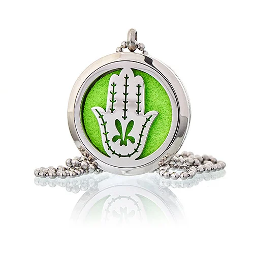 Aromatherapy necklace with a 30mm Hand of Fatima charm, hanging from a silver chain.