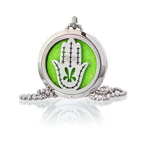 Hand of Fatima 30mm aromatherapy diffuser necklace displayed.