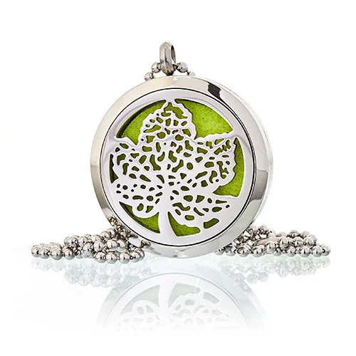 Essential oil necklace featuring a 30mm leaf pendant, aromatherapy diffuser design