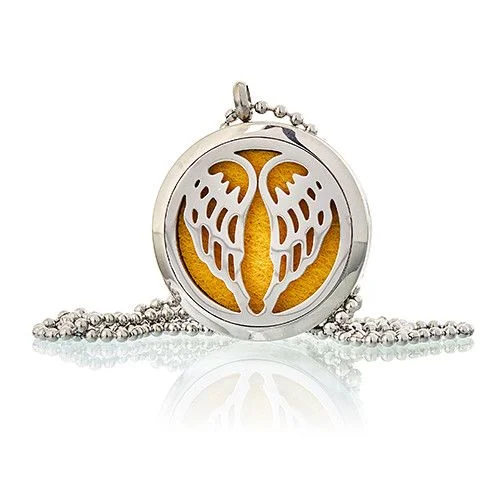 Aromatherapy necklace featuring angel wings pendant, 30mm, in a discreet metal chain