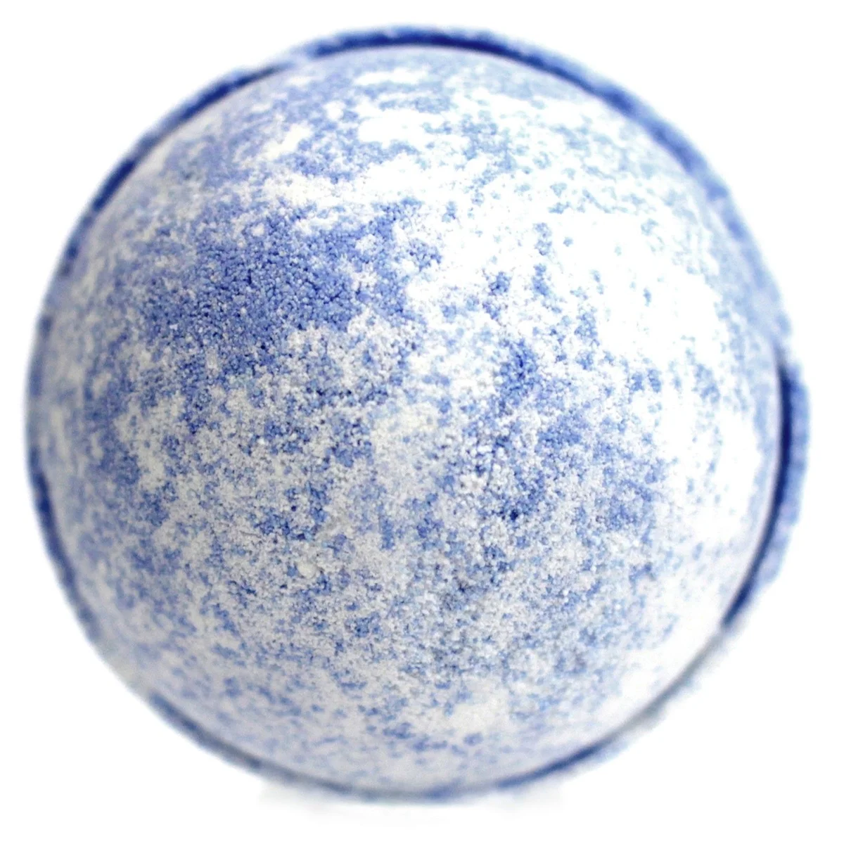 Shea butter bath bomb in fig and cassis scent, pressed into a compact round shape with specks of natural ingredients.